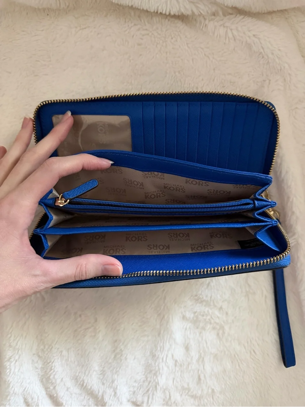 Michael Kors Saffiano Zip Wristlet in Cobalt Blue with Gold Hardware